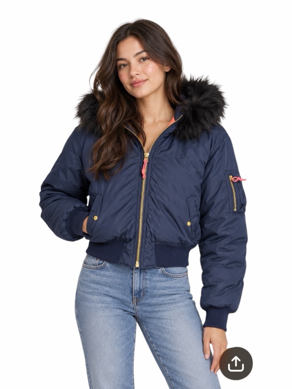 J.Crew - Signature Fur Hooded Puffer Jacket Navy PrimaLoft Sz XS